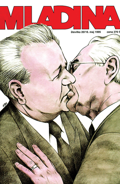 Poljub Slobodana Miloševića in Franje Tuđmana, naslovnica Mladine 1995, ilustracija Tomaž Lavrič