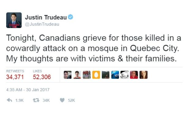 Kanadski premier je napad na mošejo prek Twitterja označil za strahopetno dejanje. © Twitter
