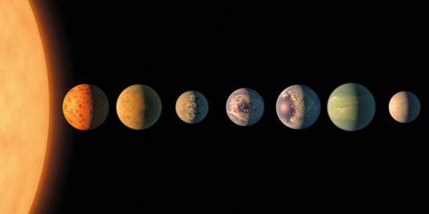 Zvezda Trappist-1 in njenih sedem planetov, kot si jih je po posvetovanju z raziskovalci predstavljal animator Tim Pyle z univerze Caltech, ki redno oblikuje vesoljske motive za Naso.