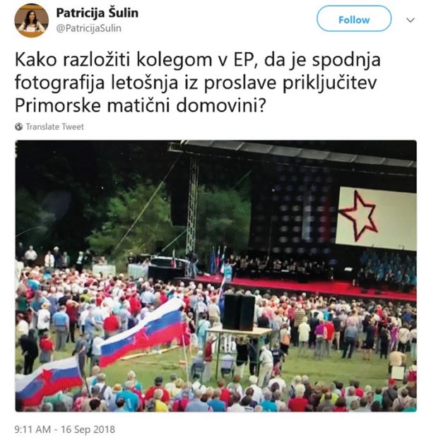 Tvit evropske poslanke Patricije Šulin z zamegljeno slovensko zastavo 