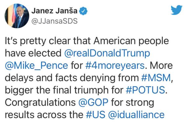 Tvit predsednika vlade Janeza Janše v času ameriških volitev, na katerih Trump ni zmagal 