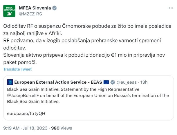 Tvit slovenskega zunanjega ministrstva