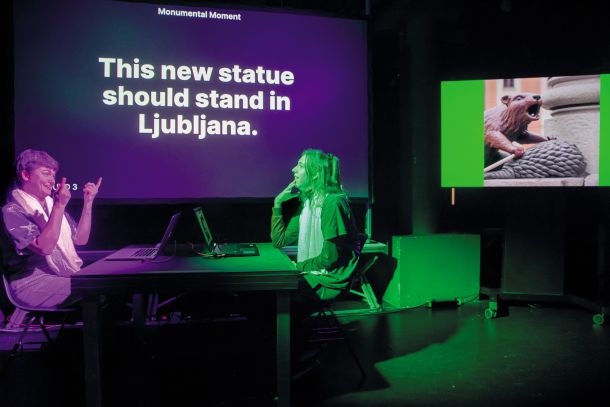Ko so morali tekmovalci slediti navodilu »ta novi spomenik bi moral stati v Ljubljani«, je slavila Lea Sande s kipom nutrije. 