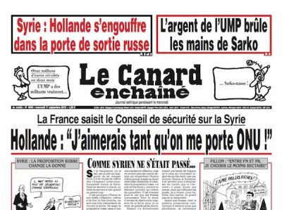 Ena od naslovnic satiričnega časopisa Le Canard Enchaîné