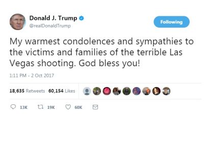 Ameriški predsednik se je glede streljanja v Las Vegasu odzval na Twitterju