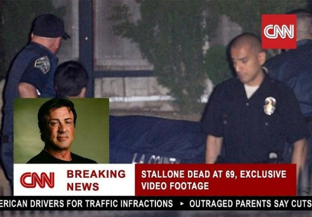Lažna novica o smrti igralca Sylvestra Stallona, kjer so prevaranti v članku uporabili tudi lažni posnetek TV postaje CNN