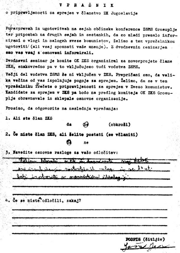 Dokument iz leta 1975, ko je Janez Janša s 17 leti vstopil v komunistično partijo