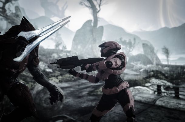 Fikcijski prizor bitke robotov v videoigri Halo.