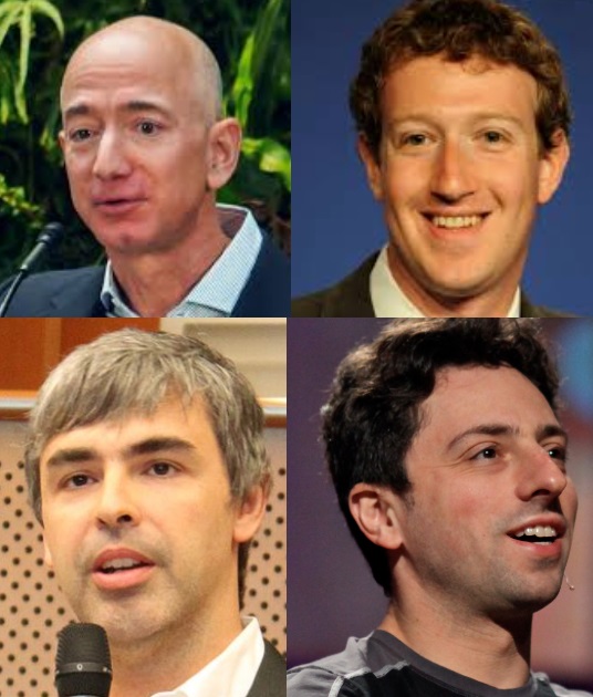 Milijarderji s preveč vpliva in monopolom: Jeff Bezos (Amazon), Mark Zuckerberg (Facebook) ter Larry Page in Sergey Brin (oba Google)