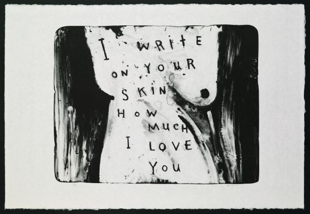 David Lynch: Na kožo ti pišem, kako zelo te ljubim (I Write on Your Skin How Much I love You), 2010, litografija, 64 x 94 cm. Z dovoljenjem: Item Éditions