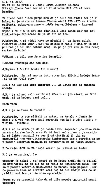 Prisluh iz ljubljanskega lokala 23. novembra1993. Prisotni: Jožef Kopše, Polonca Dobrajc in Irena Oman, vsi poslanci SNS.