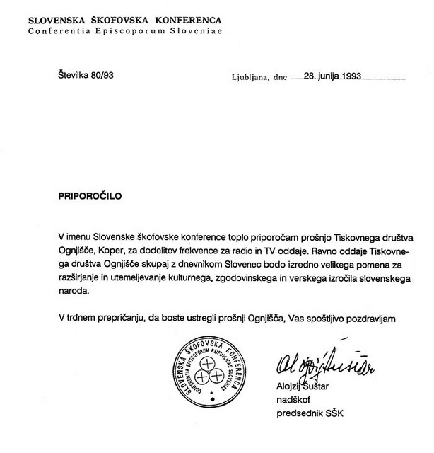 Bivši nadškof Alojzij Šuštar leta 1993 pri vladi s plemenitimi razlogi lobira za radio in TV3. Frekvence nato RKC proda naprej komercialnim ponudnikom TV vsebin.