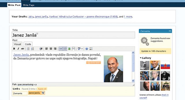 Pogled na program za pisanje bloga Wordpress z Zemantinim dodatkom (desno). Zemanta je glede na vpisano besedilo predlagala fotografije, povezave, oznake in sorodne članke. Na posnetku je besedilo že obogateno z nekaterimi predlogi Zemante (fotografija in povezava).