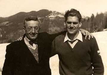  Stanko Bloudek v družbi s švicarskim skakalcem - Fritz Tschannen je leta 1948 postavil zadnji svetovni rekord na Bloudkovi velikanki - skočil je 120 m. (vir Muzej športa)