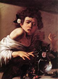 Caravaggio: Deček, ki ga je ugriznil kuščar, 1594, olje na platnu 66x49cm, obstajata dve verziji, obe bi naj naslikal Caravaggio; eno hrani National Gallery v Londonu, druga pa je v zbirki Roberta Longhija v Firencah.