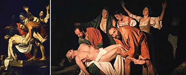 Caravaggio: Polaganje v grob, 1602/04, olje na platnu, 300x203cm, hrani muzej v Vatikanu. Polaganje v grob, kader iz filma Caravaggio, režiserja Dereka Jarmana, (1986) 