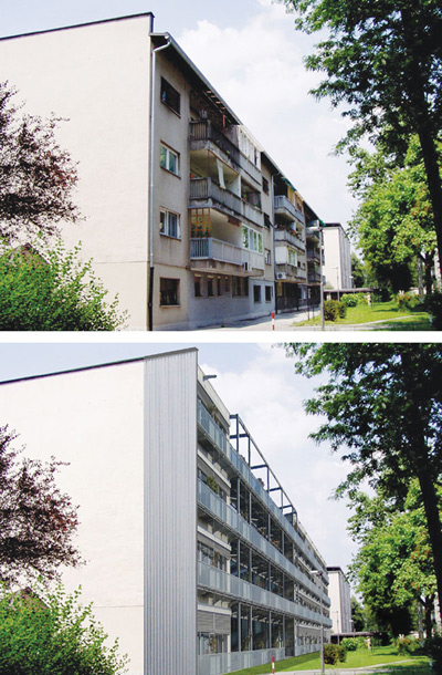 Študenti ljubljanske Fakultete za arhitekturo so leta 2008 v delavnici z Anne Lacaton iz biroja Lacaton & Vassal pripravili projekt revitalizacije stanovanjskega naselja v Litostroju v Ljubljani. Na sliki blok v obstoječem stanju in po prenovi. Stanovanja in balkoni so po prenovi večji, na streho bloka pa so dodani vrtovi. 