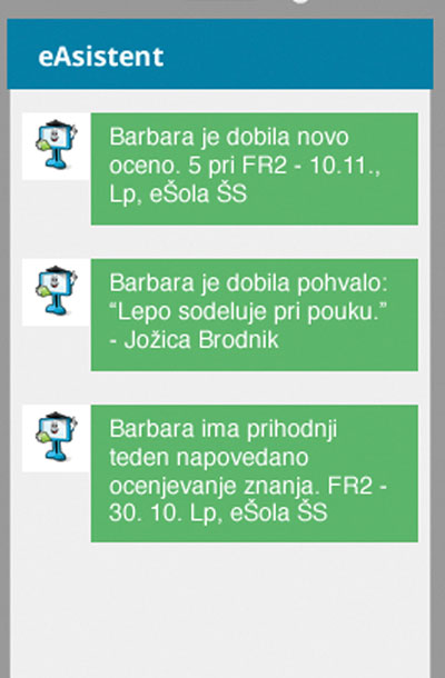 SMS-sporočila, kakršna dobivajo starši, ki so naročeni na spletno aplikacijo eAsistent 