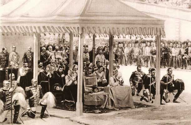 Franc Jožef moli pred oltarjem med procesijo »Corpus Christi«, Lobkowitzplatz, Dunaj, Wilhelm Gause, heliogravura, 1898