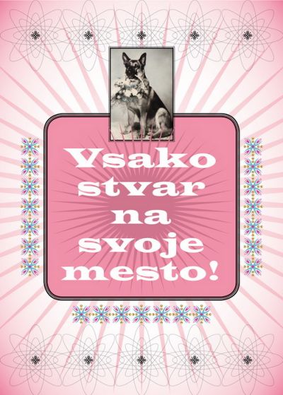 Tanja Radež: »Imam osebne težave z redom. Moja mama je delala v kemični čistilnici in njen odnos do sveta je bil zaznamovan z redom. Vsaka stvar na svoje mesto je koristen nasvet, ki ga je izrekla velikokrat, a se ga nisem navadila upoštevati. Na podobi nemški ovčar s šopkom. Metaforična podoba mame.«