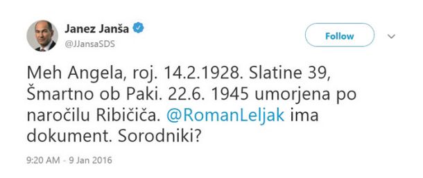 Janša na Twitterju namiguje, da zgodovinski dokumenti dokazujejo, kako je Mitja Ribičič ukazal likvidacije. 