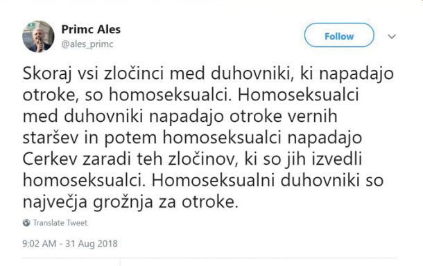 Za Aleša Primca je večina duhovnikov pedofilov homoseksualcev.