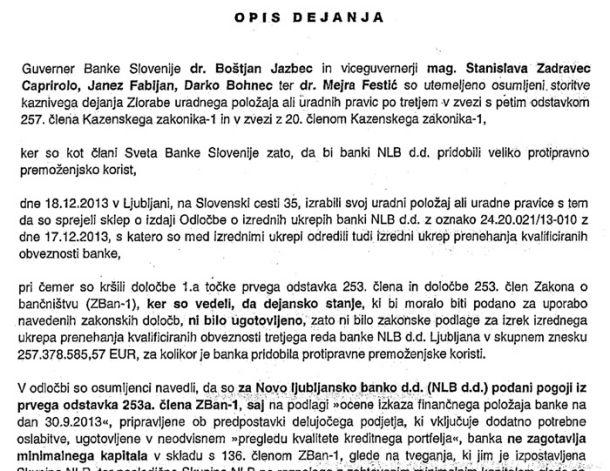 Faksimile kazenske ovadbe zoper prvoosumljenega nekdanjega guvernerja Banke Slovenije Boštjana Jazbeca, ki jo je NPU vložil na specializirano tožilstvo. 