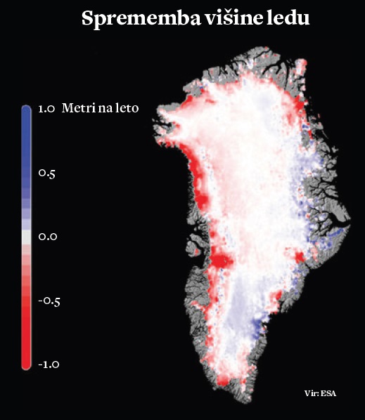 Satelitska meritev sprememb debeline ledenega pokrova na Grenlandiji v letu 2015 (v metrih na leto) 