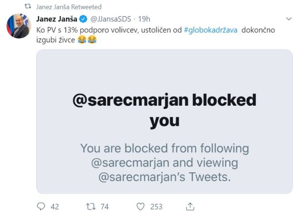 Janša je na Twitterju obelodanil, da ga je Šarec blokiral.