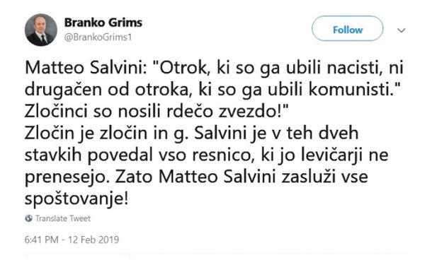 Poklon Branka Grimsa italijanskemu notranjemu ministru Matteu Salviniju. SDS prav neverjetno pogumno zagovarja italijanska stališča.