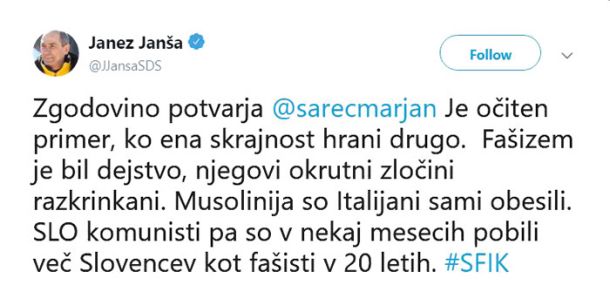 Janez Janša je eden od redkih slovenskih politikov, ki ni neposredno obsodil italijanskega zgodovinskega revizionizma, ampak je raje sprenevedavo govoril o zločinih slovenskih komunistov.