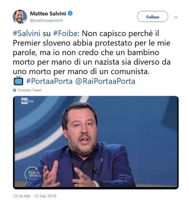 Matteo Salvini ima prav, vsaka roka, ki ubije otroka, je roka zločinca. A omenja le roko komunistov in nacistov, roke fašistov pa ne. V bazoviški fojbi sicer ni nobenega otroka.