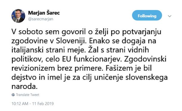 Prvi odziv predsednika vlade Marjana Šarca na dogajanje v Bazovici. Dan pred tem je Šarec na slovesnosti ob spominu na frankolovske žrtve dejal: »Boriti se za svobodo svojega naroda je in bo vedno častno dejanje.«