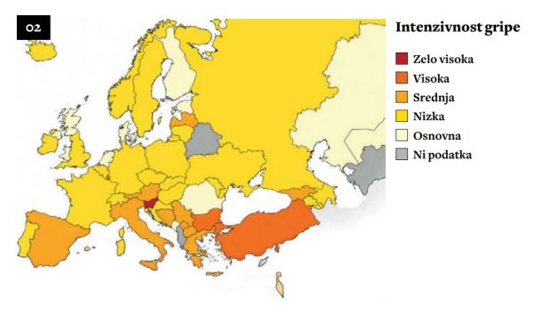 Lanski zemljevid Evrope: Slovenija je bila država, kjer je bila gripa najbolj razširjena.