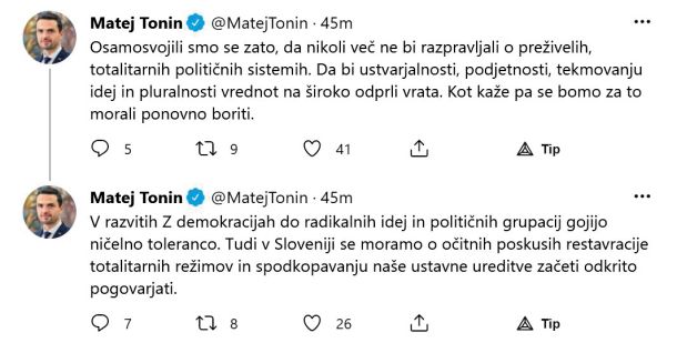 Janezu Janši se je pridružil politolog po izobrazbi in katoličan po prepričanju obrambni minister Matej Tonin. Tudi on je prepričan, da stranka Levica ogroža ustavne temelje, o tem, kar počne stranka SDS, pa oportunistično molči. 