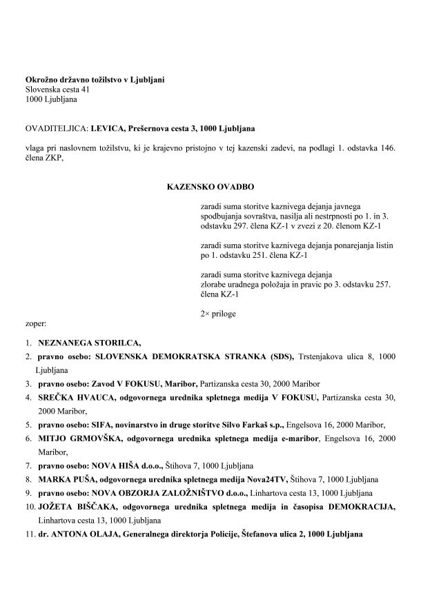 Stranka Levica je zaradi manifest in njenega širjenja ovadila kopico posameznikov in pravnih oseb. Med njimi je generalni direktor policije Anton Olaj, ker naj bi zlorabil položaj in se, sklicujoč na ponarejeno listo, zavzel za uvedbo predkazenskega postopka zoper Levico.