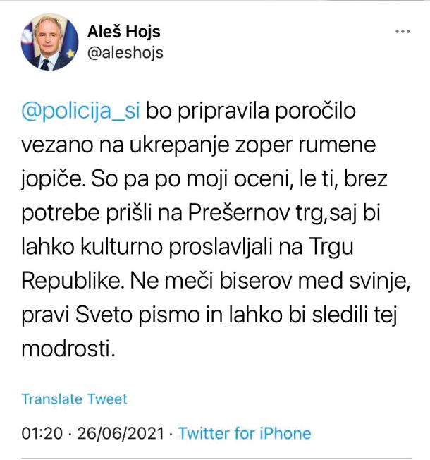 Tvitanje notranjega ministra Aleša Hojsa in predsednika vlade Janeza Janše kot oblika neposrednega pritiska na policijo. 