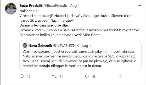 Tvit Boža Predaliča, »desne« roke Janeza Janše 