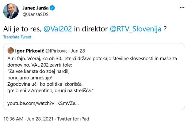 Ne samo v informativni program, politika bi se rada vmešala tudi v izbor glasbene opreme. Igorja Pirkoviča, sicer zaposlenega na RTV Slovenija, in Janeza Janšo je zmotila skladba Operacija Juriš, ki jo izvajata Nikolovski in Jadranka Juras.