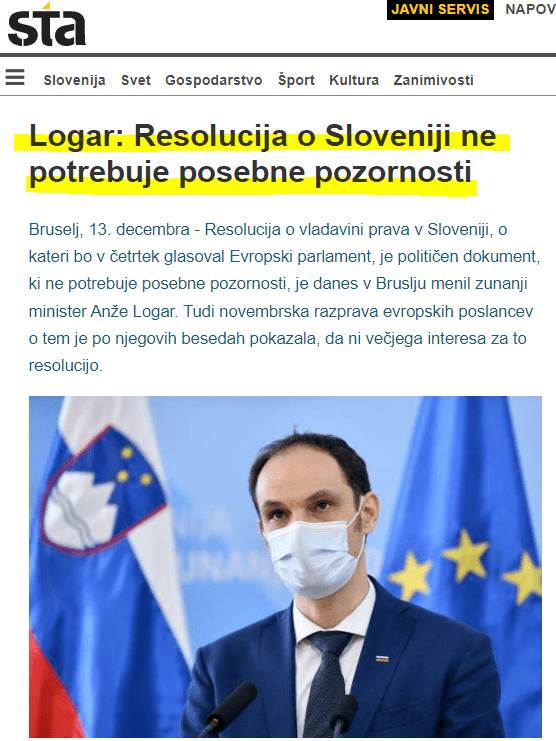 Bizaren propagandističen naslovni poudarek na straneh STA: resolucija ni vredna pozornosti