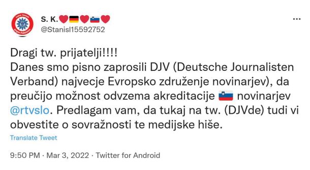 Najprej je Uroš Urbanija napadel dopisnico RTV iz Berlina Polono Fijavž, potem pa je nekdo objavil tvit, v katerem pravi, da bi ji morali vzeti akreditacijo.