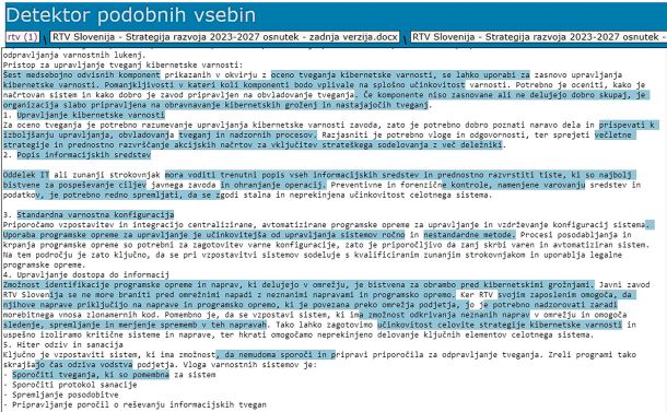 Analiza z Detektorjem podobnih vsebin: modro obarvano besedilo osnutka nove strategije RTV 2023–2027 je prepisano iz drugega vira, iz magistrskega dela Eve Muzel Zagotavljanje kibernetske varnosti in notranje revidiranje.