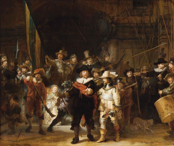 Rembrandt je bil predvsem izjemen slikar. Na najbolj znani sliki Nočna straža (1642) je preobrnil konvencije skupinskega portreta, a že kmalu zatem bankrotiral. Zakaj, ni povsem jasno. Peter Greenaway je v filmih Nightwatching in Rembrandt’s J’Accuse razvil tezo, da slika morda razkriva uboj, ki sta ga hote ali po nesreči zakrivila poveljnika čete