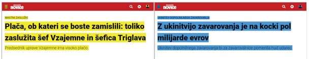 Čestitke novinarjem Slovenskih novic. Na levi strani naslov in članek, kot so ga napisali v petek, 14. aprila. Na desni spremenjena verzija, potem ko se je v delo novinarjev vmešalo vodstvo časopisa. 