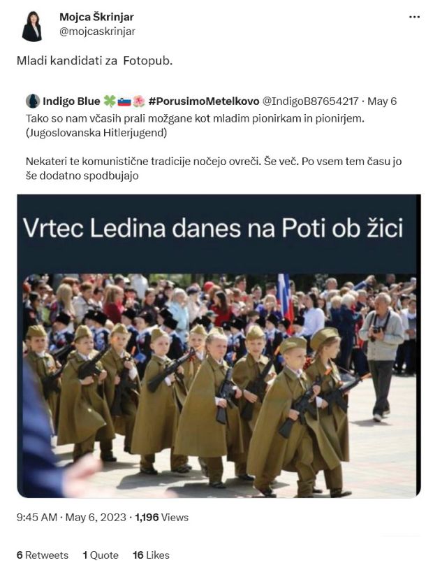 Neumestno šalo o otrocih v uniformah je nekdanja poslanka SDS  Mojca Škrinjar opremila z opombo, da gre za otroke, ki naj bi nekoč postali spolni predatorji. 