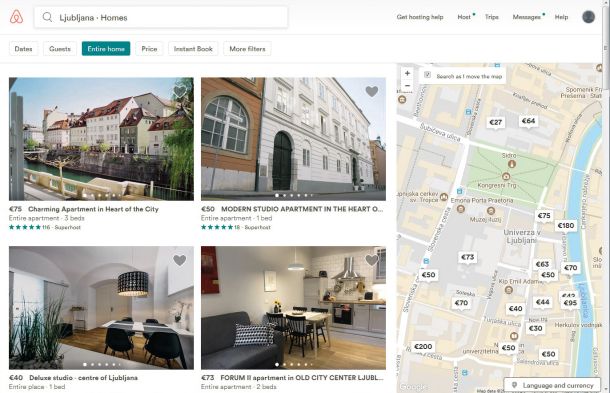 Primerjava ponudbe in cen na Airbnbju v strogem centru Ljubljane. Gre za zajem podatkov oktobra 2017 (levo) in oktobra leta 2024 (desno).