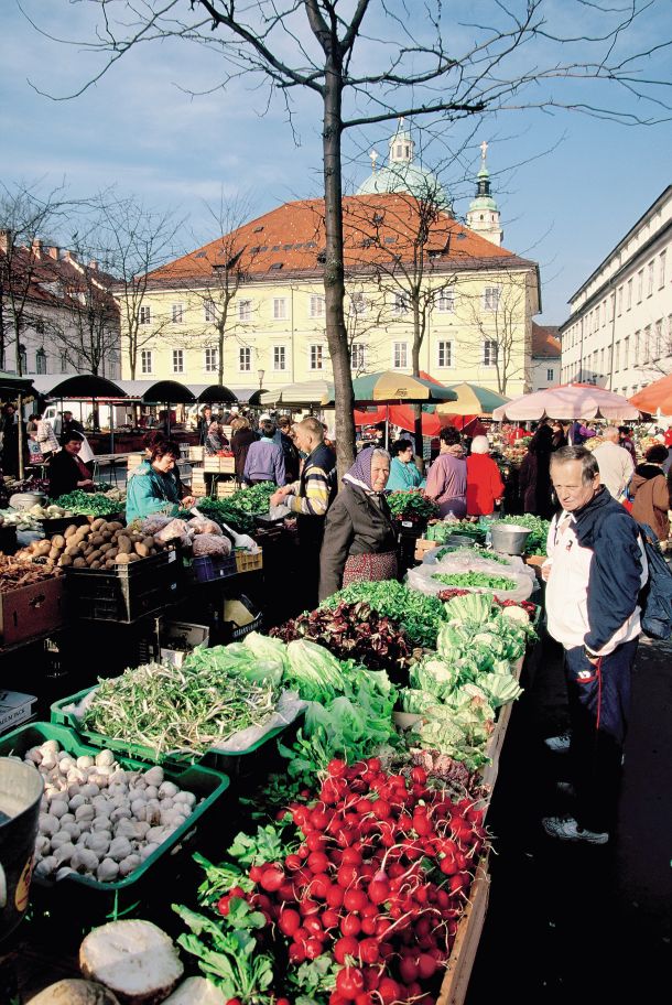 Na osrednji ljubljanski tržnici poteka tudi živahno družabno življenje, na kateri prodajajo kmetje in kmetice, branjevke in branjevci iz sosednjih ljubljanskih vasi. Tako lahko mestni prebivalci kupujejo svežo hrano, pridelano le nekaj kilometrov proč od njihovih domov./