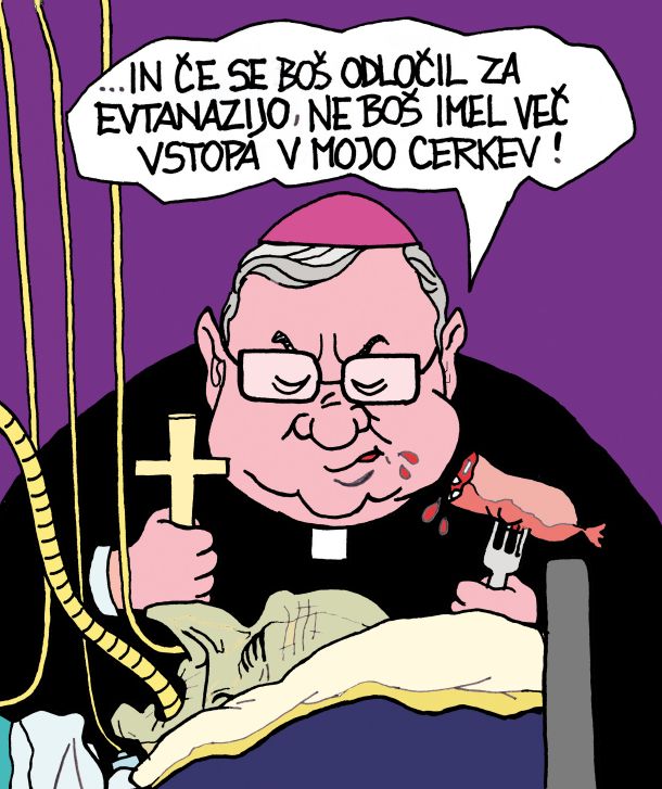 Pikra karikatura Franca Jurija je žal resnična. Murskosoboški škof Peter Štumf je res izrekel naslednje besede: »Kdor bo dal svoj glas življenju, ima v cerkvi kaj iskati; kdor pa bo glasoval za smrt, pa naj v prihodnje ostane kar doma.«