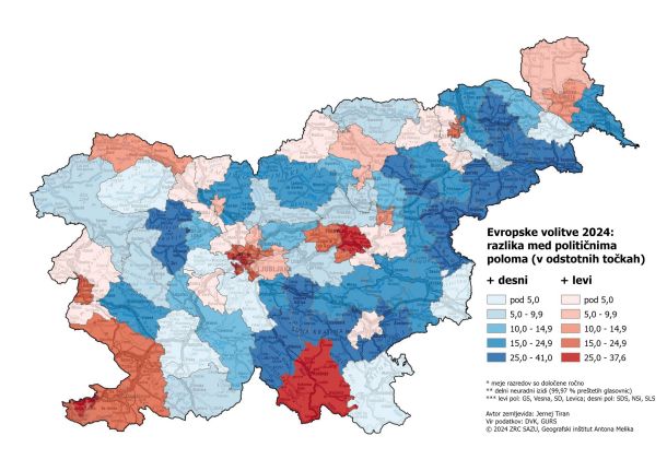 Razmerje med levimi in desnimi strankami. Ponovno se vidi, da je levica močnejša v mestih, desnica pa na podeželju. Izrazito odstopa Kočevje, kjer je kandidiral Vladimir Prebilič.  Zemljevid je izdelal geograf Jernej Tiran.