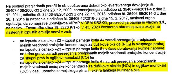 Dokument Agencije RS za okolje, ki potrjuje čezmerne obremenitve Vipapa z izpusti v letu 2023